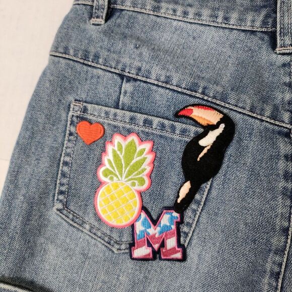 Manoush Denim Shorts Womens 8 Blue Cut-off Patchwork High-Rise Venice Beach Boho - Picture 9 of 12